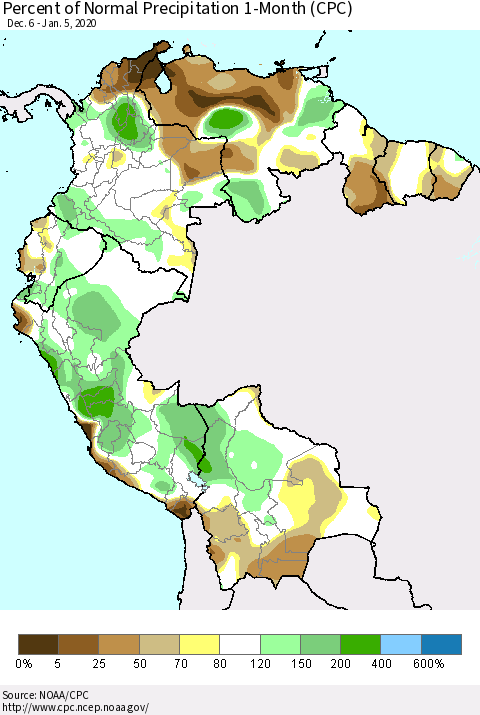 Northern South America Percent of Normal Precipitation 1-Month (CPC) Thematic Map For 12/6/2019 - 1/5/2020