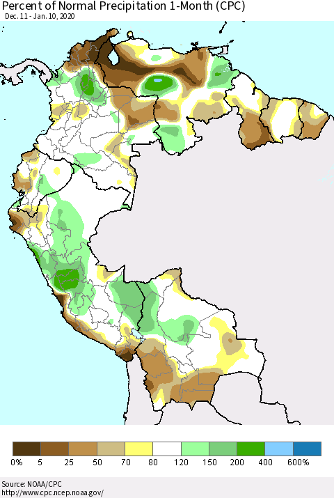 Northern South America Percent of Normal Precipitation 1-Month (CPC) Thematic Map For 12/11/2019 - 1/10/2020
