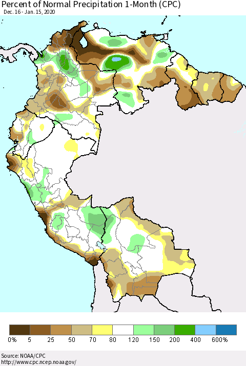 Northern South America Percent of Normal Precipitation 1-Month (CPC) Thematic Map For 12/16/2019 - 1/15/2020