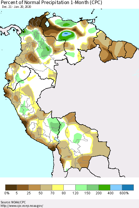 Northern South America Percent of Normal Precipitation 1-Month (CPC) Thematic Map For 12/21/2019 - 1/20/2020