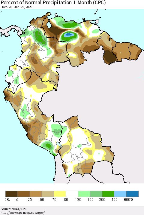Northern South America Percent of Normal Precipitation 1-Month (CPC) Thematic Map For 12/26/2019 - 1/25/2020