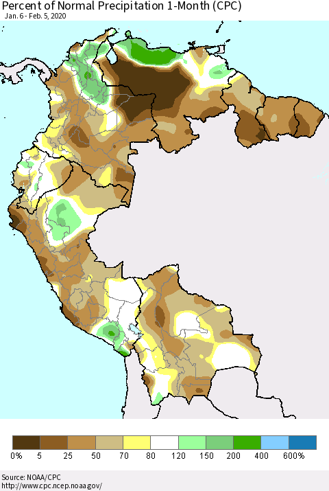 Northern South America Percent of Normal Precipitation 1-Month (CPC) Thematic Map For 1/6/2020 - 2/5/2020