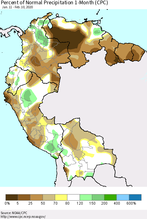 Northern South America Percent of Normal Precipitation 1-Month (CPC) Thematic Map For 1/11/2020 - 2/10/2020