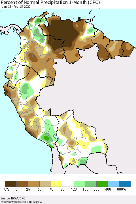 Northern South America Percent of Normal Precipitation 1-Month (CPC) Thematic Map For 1/16/2020 - 2/15/2020