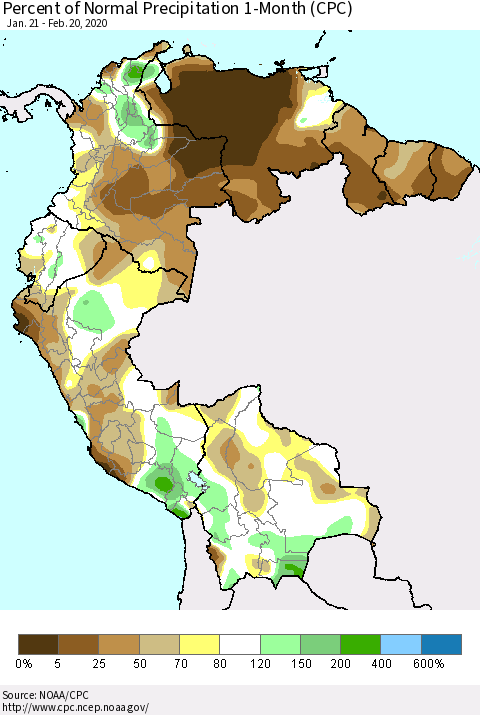 Northern South America Percent of Normal Precipitation 1-Month (CPC) Thematic Map For 1/21/2020 - 2/20/2020
