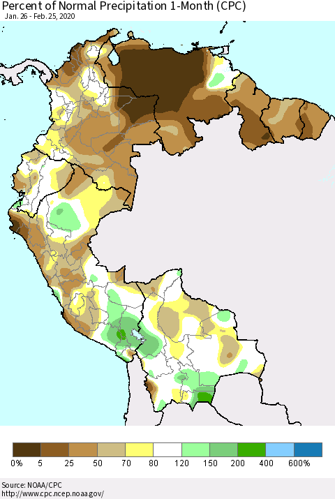 Northern South America Percent of Normal Precipitation 1-Month (CPC) Thematic Map For 1/26/2020 - 2/25/2020