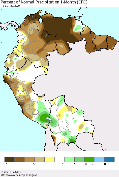 Northern South America Percent of Normal Precipitation 1-Month (CPC) Thematic Map For 2/1/2020 - 2/29/2020