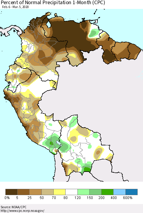 Northern South America Percent of Normal Precipitation 1-Month (CPC) Thematic Map For 2/6/2020 - 3/5/2020