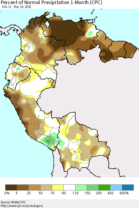 Northern South America Percent of Normal Precipitation 1-Month (CPC) Thematic Map For 2/11/2020 - 3/10/2020