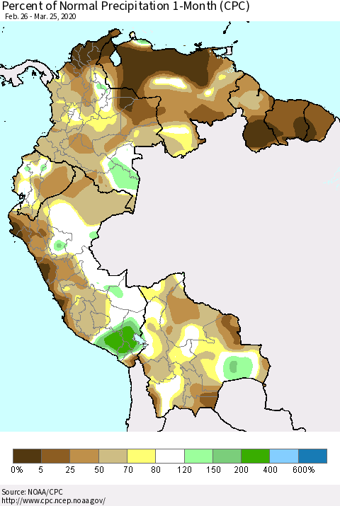 Northern South America Percent of Normal Precipitation 1-Month (CPC) Thematic Map For 2/26/2020 - 3/25/2020