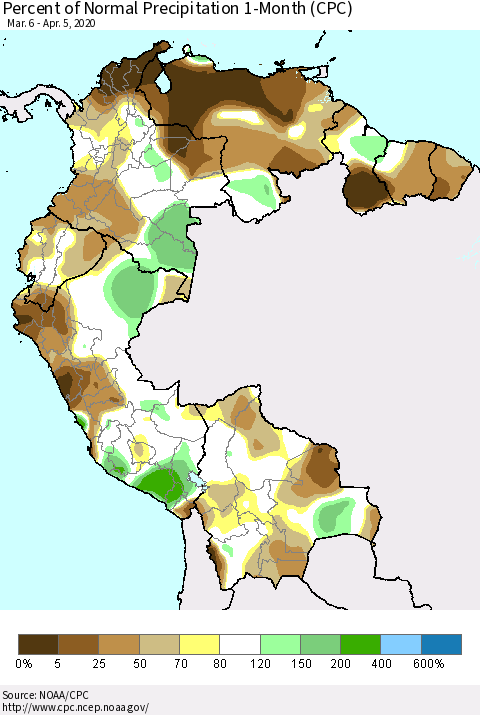 Northern South America Percent of Normal Precipitation 1-Month (CPC) Thematic Map For 3/6/2020 - 4/5/2020
