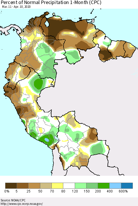 Northern South America Percent of Normal Precipitation 1-Month (CPC) Thematic Map For 3/11/2020 - 4/10/2020