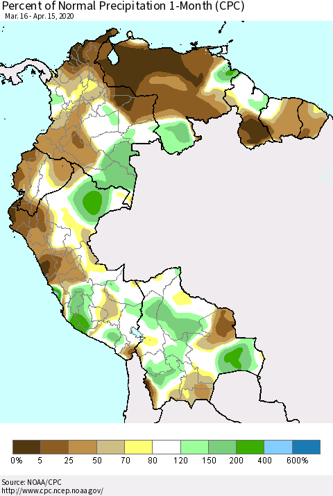 Northern South America Percent of Normal Precipitation 1-Month (CPC) Thematic Map For 3/16/2020 - 4/15/2020