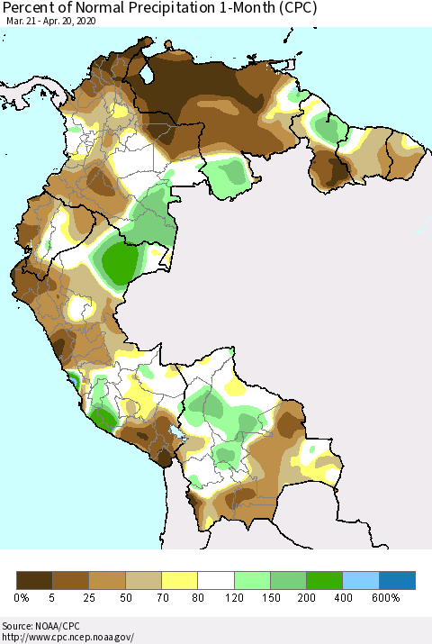Northern South America Percent of Normal Precipitation 1-Month (CPC) Thematic Map For 3/21/2020 - 4/20/2020