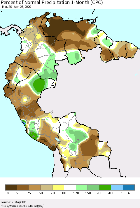 Northern South America Percent of Normal Precipitation 1-Month (CPC) Thematic Map For 3/26/2020 - 4/25/2020