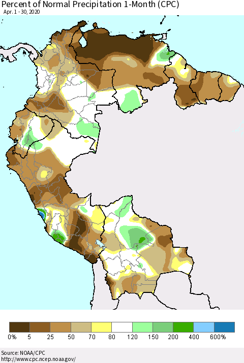 Northern South America Percent of Normal Precipitation 1-Month (CPC) Thematic Map For 4/1/2020 - 4/30/2020