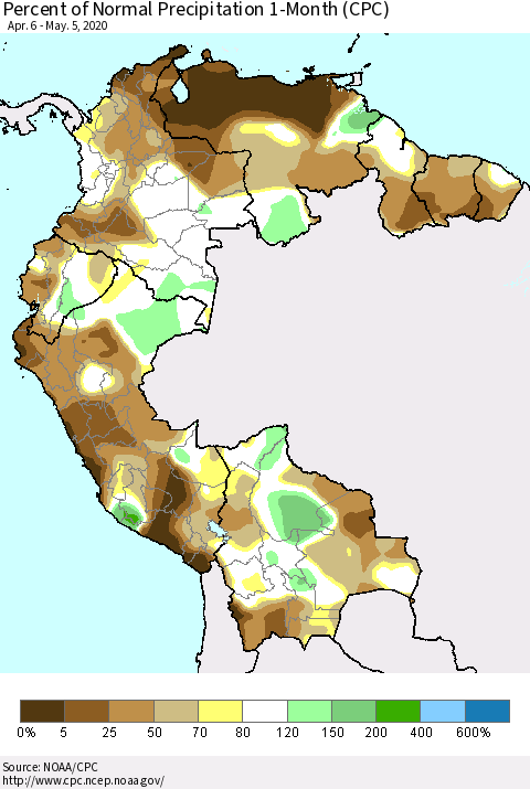 Northern South America Percent of Normal Precipitation 1-Month (CPC) Thematic Map For 4/6/2020 - 5/5/2020