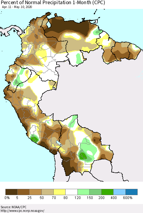 Northern South America Percent of Normal Precipitation 1-Month (CPC) Thematic Map For 4/11/2020 - 5/10/2020