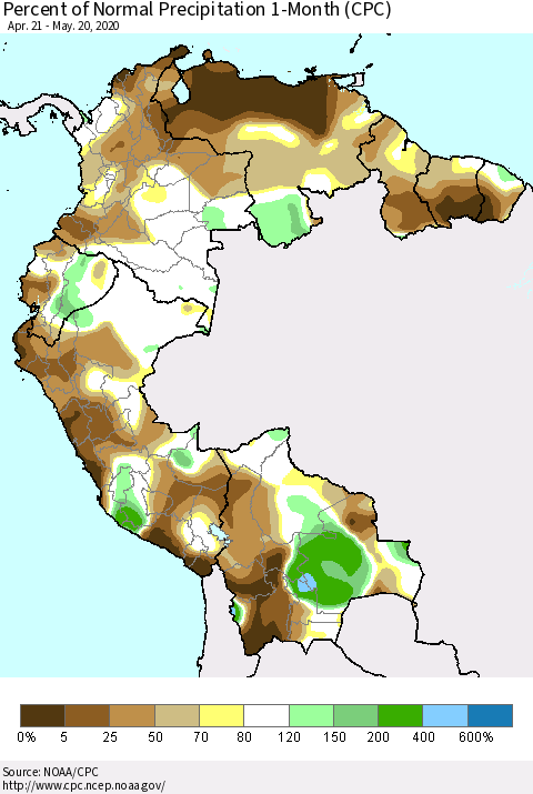 Northern South America Percent of Normal Precipitation 1-Month (CPC) Thematic Map For 4/21/2020 - 5/20/2020
