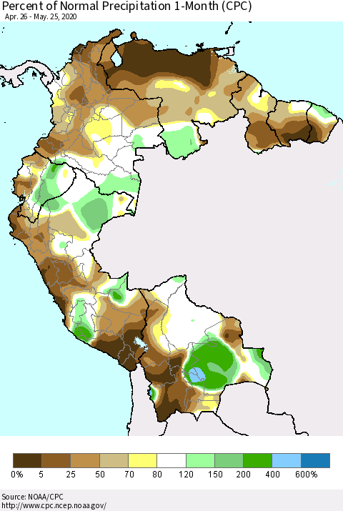 Northern South America Percent of Normal Precipitation 1-Month (CPC) Thematic Map For 4/26/2020 - 5/25/2020