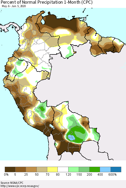 Northern South America Percent of Normal Precipitation 1-Month (CPC) Thematic Map For 5/6/2020 - 6/5/2020