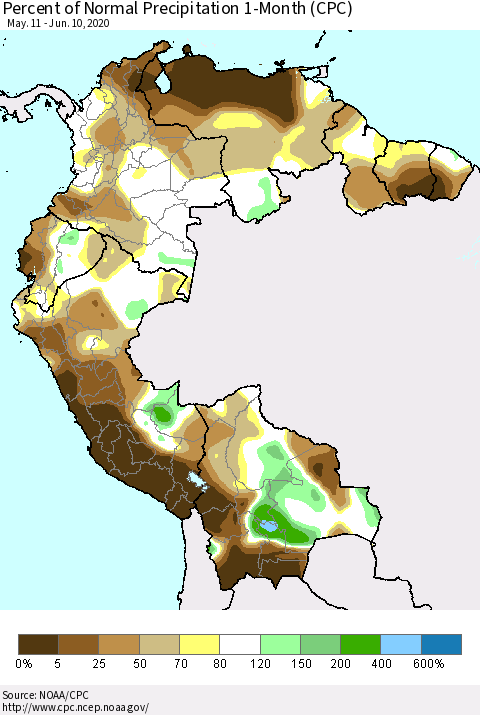 Northern South America Percent of Normal Precipitation 1-Month (CPC) Thematic Map For 5/11/2020 - 6/10/2020