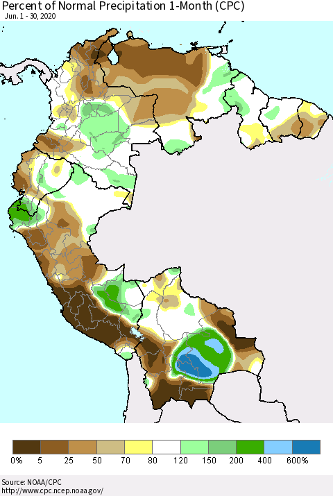 Northern South America Percent of Normal Precipitation 1-Month (CPC) Thematic Map For 6/1/2020 - 6/30/2020
