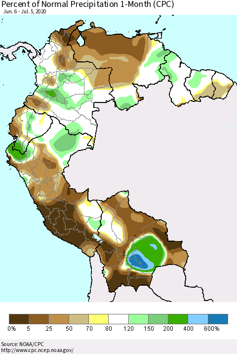 Northern South America Percent of Normal Precipitation 1-Month (CPC) Thematic Map For 6/6/2020 - 7/5/2020