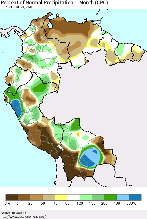 Northern South America Percent of Normal Precipitation 1-Month (CPC) Thematic Map For 6/21/2020 - 7/20/2020