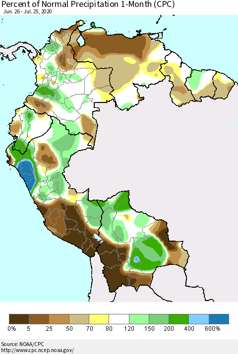Northern South America Percent of Normal Precipitation 1-Month (CPC) Thematic Map For 6/26/2020 - 7/25/2020