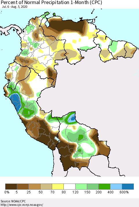 Northern South America Percent of Normal Precipitation 1-Month (CPC) Thematic Map For 7/6/2020 - 8/5/2020