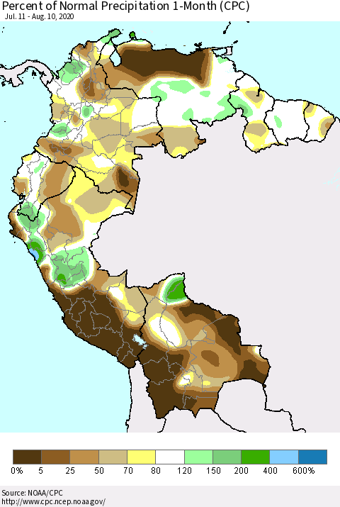 Northern South America Percent of Normal Precipitation 1-Month (CPC) Thematic Map For 7/11/2020 - 8/10/2020