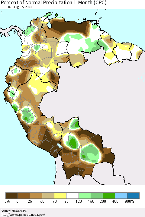 Northern South America Percent of Normal Precipitation 1-Month (CPC) Thematic Map For 7/16/2020 - 8/15/2020