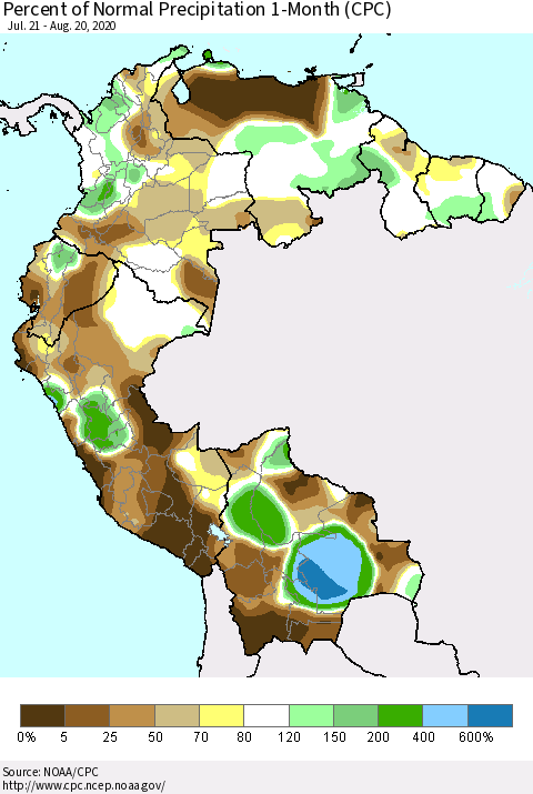 Northern South America Percent of Normal Precipitation 1-Month (CPC) Thematic Map For 7/21/2020 - 8/20/2020