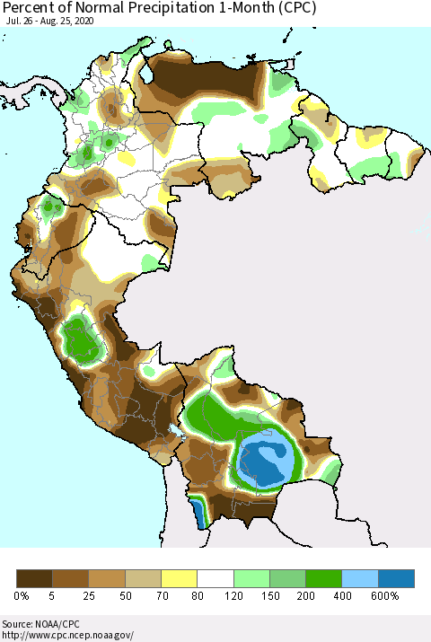 Northern South America Percent of Normal Precipitation 1-Month (CPC) Thematic Map For 7/26/2020 - 8/25/2020