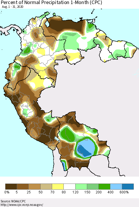 Northern South America Percent of Normal Precipitation 1-Month (CPC) Thematic Map For 8/1/2020 - 8/31/2020