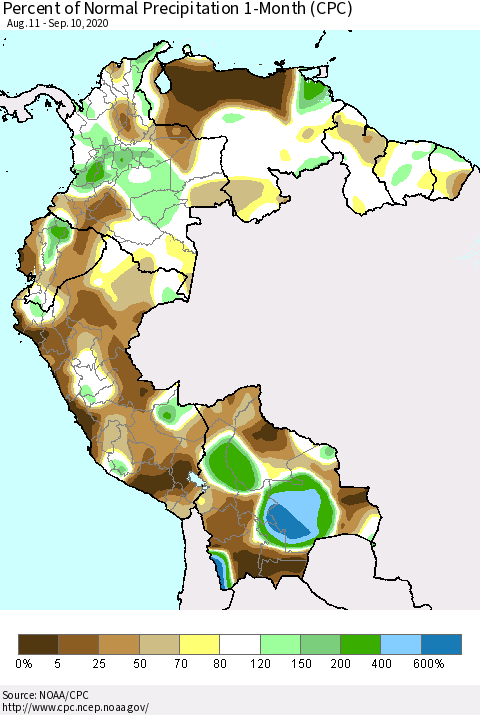 Northern South America Percent of Normal Precipitation 1-Month (CPC) Thematic Map For 8/11/2020 - 9/10/2020
