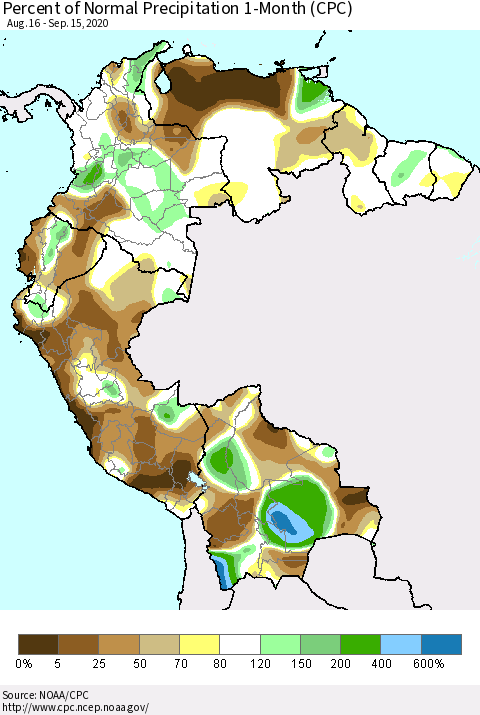 Northern South America Percent of Normal Precipitation 1-Month (CPC) Thematic Map For 8/16/2020 - 9/15/2020