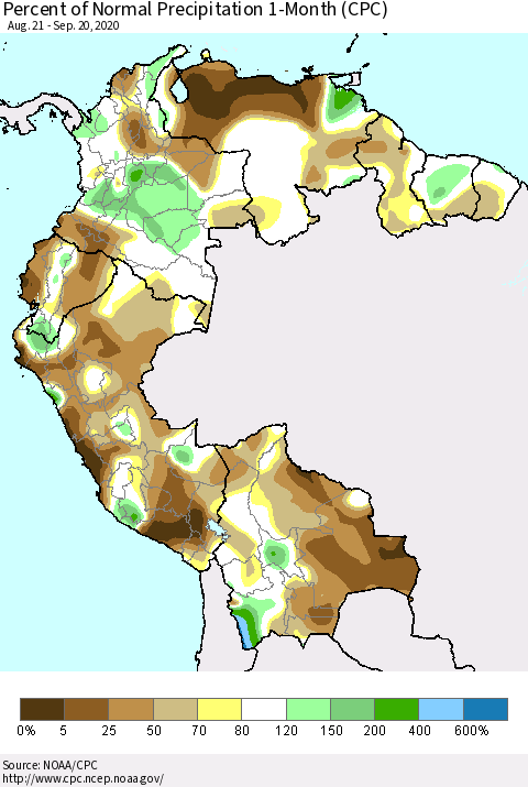 Northern South America Percent of Normal Precipitation 1-Month (CPC) Thematic Map For 8/21/2020 - 9/20/2020
