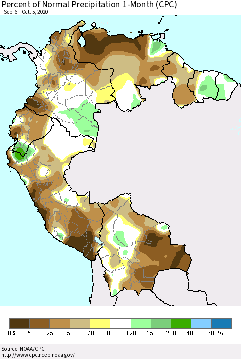Northern South America Percent of Normal Precipitation 1-Month (CPC) Thematic Map For 9/6/2020 - 10/5/2020