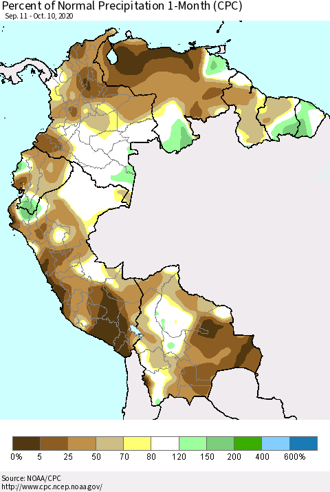 Northern South America Percent of Normal Precipitation 1-Month (CPC) Thematic Map For 9/11/2020 - 10/10/2020