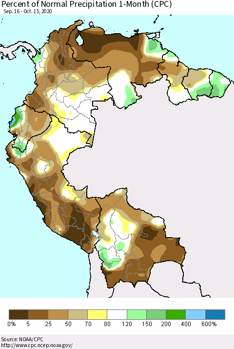 Northern South America Percent of Normal Precipitation 1-Month (CPC) Thematic Map For 9/16/2020 - 10/15/2020