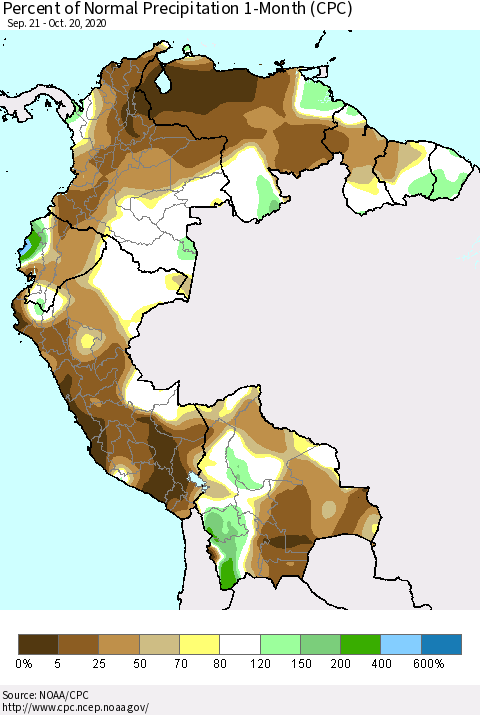 Northern South America Percent of Normal Precipitation 1-Month (CPC) Thematic Map For 9/21/2020 - 10/20/2020