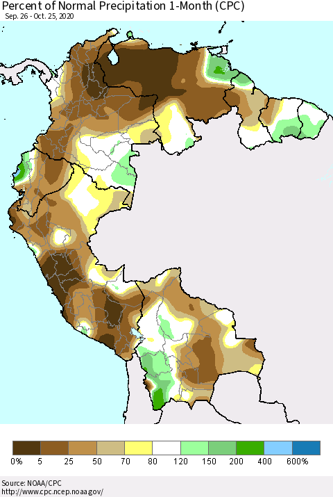 Northern South America Percent of Normal Precipitation 1-Month (CPC) Thematic Map For 9/26/2020 - 10/25/2020