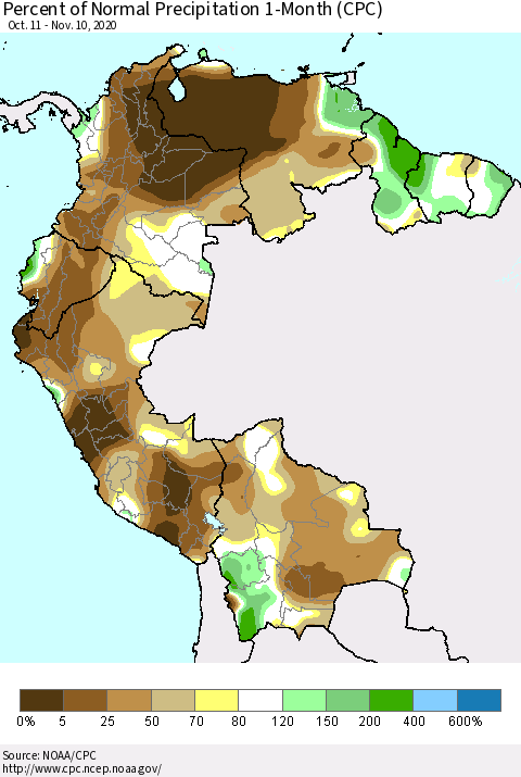 Northern South America Percent of Normal Precipitation 1-Month (CPC) Thematic Map For 10/11/2020 - 11/10/2020