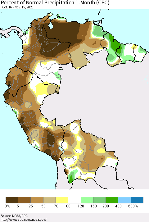 Northern South America Percent of Normal Precipitation 1-Month (CPC) Thematic Map For 10/16/2020 - 11/15/2020