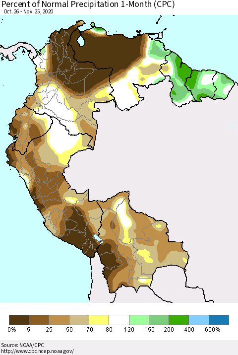 Northern South America Percent of Normal Precipitation 1-Month (CPC) Thematic Map For 10/26/2020 - 11/25/2020