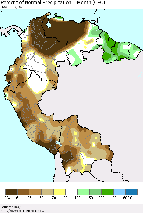 Northern South America Percent of Normal Precipitation 1-Month (CPC) Thematic Map For 11/1/2020 - 11/30/2020