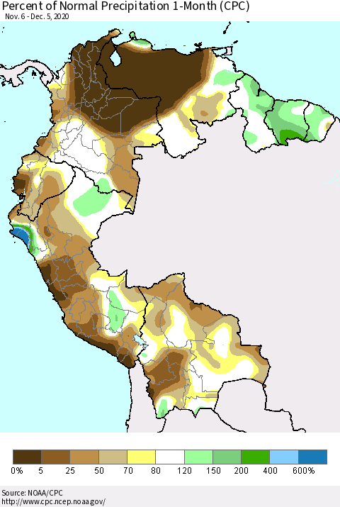 Northern South America Percent of Normal Precipitation 1-Month (CPC) Thematic Map For 11/6/2020 - 12/5/2020