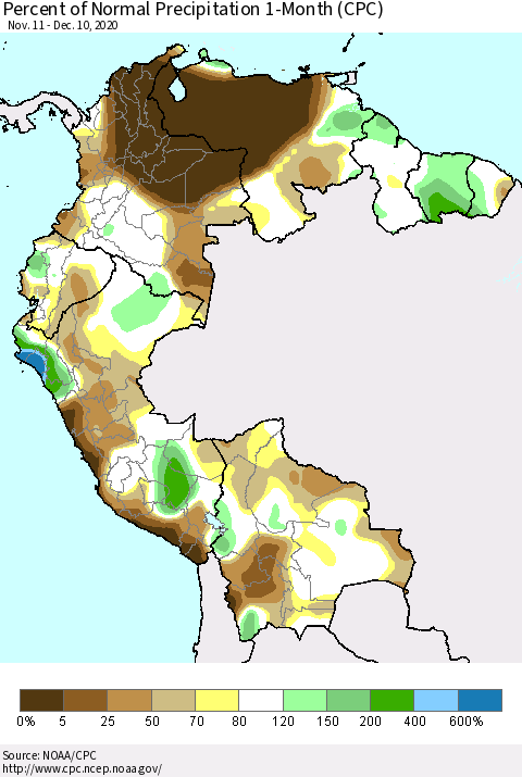 Northern South America Percent of Normal Precipitation 1-Month (CPC) Thematic Map For 11/11/2020 - 12/10/2020